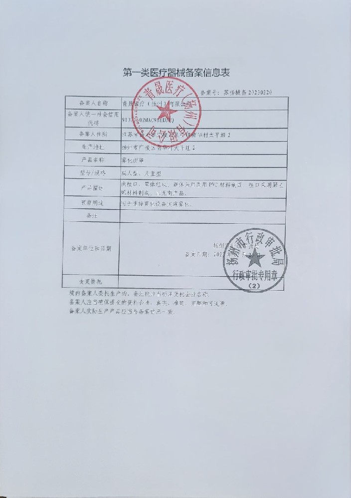 雾化面罩备案书-雾化面罩编码告知书